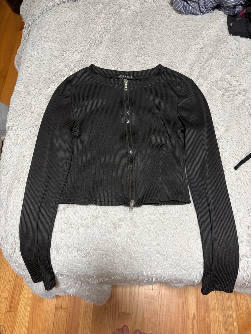 Black Ribbed Zip-Front Crop Jacket